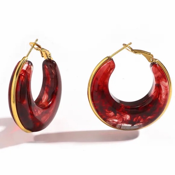 Anthropologie Jewelry - Deep Red Crescent Gold-Tone Hoop Earrings